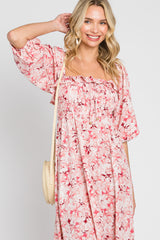 Pink Floral Ruffle Square Neck Smocked Front Tie Midi Dress