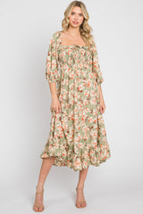 Light Olive Floral Ruffle Square Neck Smocked Front Tie Maternity Midi Dress