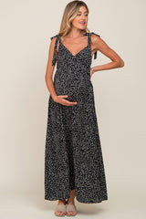 Black Button Front Tie Shoulder Maternity Maxi Dress