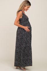 Black Button Front Tie Shoulder Maternity Maxi Dress