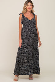 Black Button Front Tie Shoulder Maternity Maxi Dress