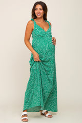 Green Button Front Tie Shoulder Maternity Maxi Dress