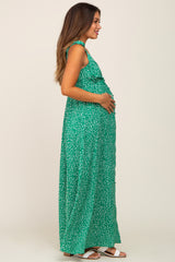 Green Button Front Tie Shoulder Maternity Maxi Dress