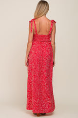 Red Button Front Tie Shoulder Maternity Maxi Dress