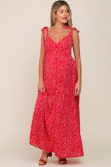 Red Button Front Tie Shoulder Maternity Maxi Dress