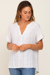 White Striped Linen Split V-Neck Maternity Top