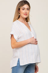 White Striped Linen Split V-Neck Maternity Top