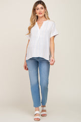 White Striped Linen Split V-Neck Maternity Top