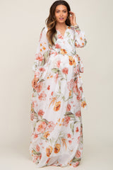 Ivory Floral Chiffon Long Sleeve Maternity Maxi Dress