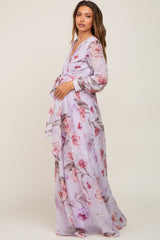 Lavender Floral Chiffon Long Sleeve Maternity Maxi Dress