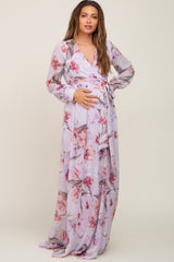 Lavender Floral Chiffon Long Sleeve Maternity Maxi Dress