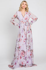 Lavender Floral Chiffon Long Sleeve Maternity Maxi Dress