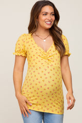 Yellow Floral Sweetheart Puff Sleeve Maternity Top