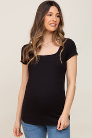 Black Ribbed Squared Neck Cap Sleeve Maternity Top