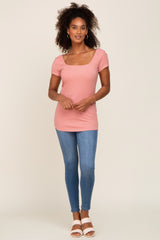 Salmon Ribbed Squared Neck Cap Sleeve Top