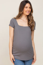 Charcoal Ribbed Squared Neck Cap Sleeve Maternity Top