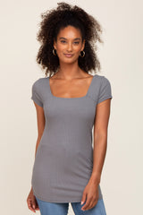 Charcoal Ribbed Squared Neck Cap Sleeve Top