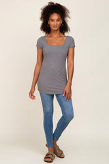 Charcoal Ribbed Squared Neck Cap Sleeve Top