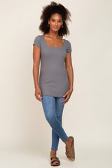 Charcoal Ribbed Squared Neck Cap Sleeve Top