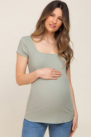 Sage Ribbed Squared Neck Cap Sleeve Maternity Top