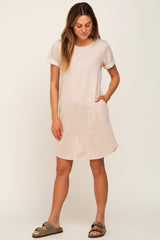 Beige French Terry Cuffed Short Sleeve Dress