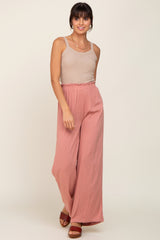 Pink Basic Elastic Waist Wide Leg Maternity Pants