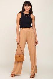 Camel Basic Elastic Waist Wide Leg Pants