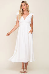 White V-Neck Drawstring Shoulder Maternity Midi Dress