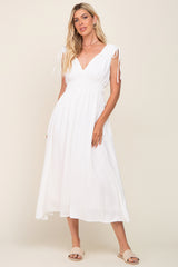 White V-Neck Drawstring Shoulder Midi Dress