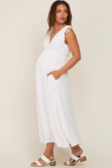 White V-Neck Drawstring Shoulder Maternity Midi Dress