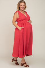 Magenta V-Neck Drawstring Shoulder Maternity Plus Midi Dress