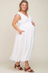 White V-Neck Drawstring Shoulder Maternity Plus Midi Dress