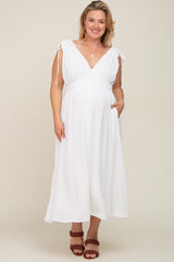 White V-Neck Drawstring Shoulder Maternity Plus Midi Dress