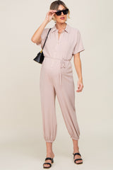 Beige Button Up Maternity Jumpsuit