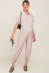 Beige Button Up Maternity Jumpsuit