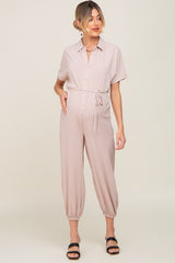 Beige Button Up Maternity Jumpsuit