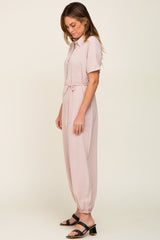 Beige Button Up Jumpsuit