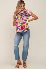 Multi-Color Ruffle Mock Neck Short Sleeve Maternity Blouse