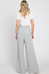 Grey Smocked Waist Wide Leg Linen Pants