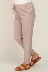 Taupe Drawstring Elastic Waist Maternity Pants