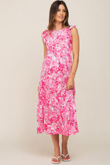 Fuchsia Floral Paisley Tiered Maternity Midi Dress