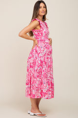 Fuchsia Floral Paisley Tiered Maternity Midi Dress