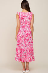 Fuchsia Floral Paisley Tiered Maternity Midi Dress