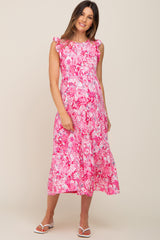 Fuchsia Floral Paisley Tiered Maternity Midi Dress