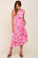 Fuchsia Floral Paisley Tiered Midi Dress