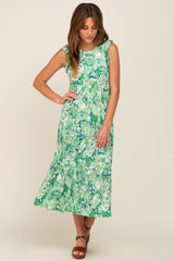 Green Floral Paisley Tiered Maternity Midi Dress