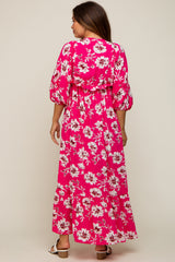 Fuchsia Floral V-Neck Dolman 3/4 Sleeve Maternity Midi Dress