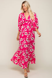 Fuchsia Floral V-Neck Dolman 3/4 Sleeve Midi Dress