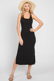 Black Ribbed Side Slit Midi Dress