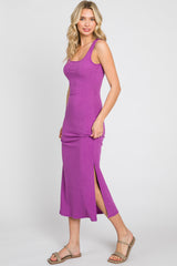 Purple Ribbed Side Slit Maternity Midi Dress